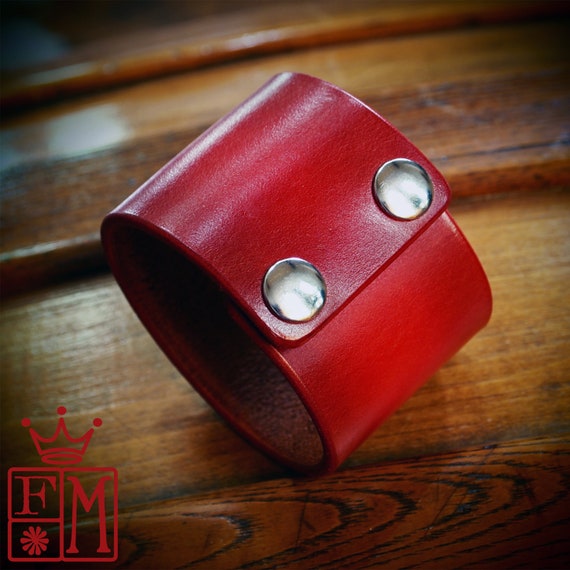 Red Leather cuff bracelet Red Custom wristband slickest edges Handmade for you in New York by Freddie Matara