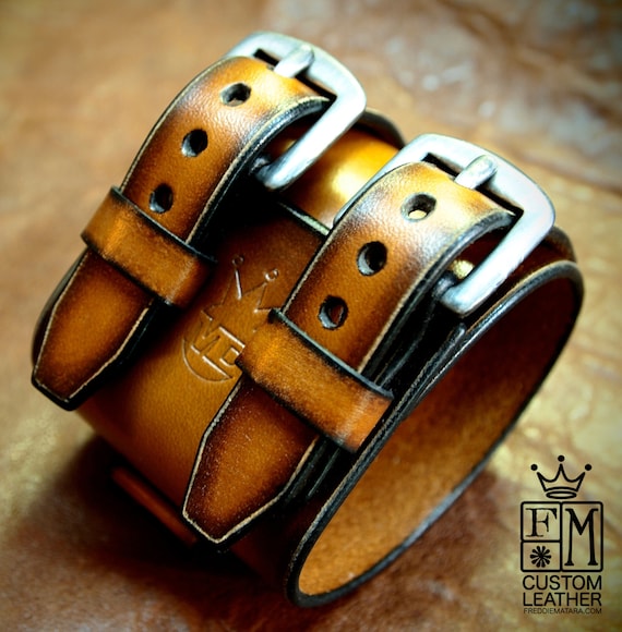 Leather cuff bracelet sunburst double strap, 2.25" wide