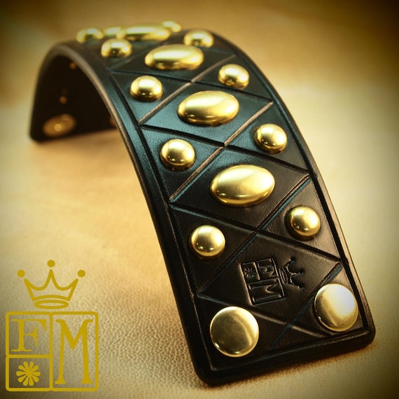 Leather cuff Bracelet Black bridle with Brass spots- Custom Made for YOU in USA by Freddie Matara