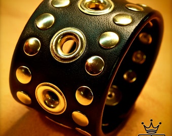 Black Leather cuff Bracelet : Brass studs and grommets. Custom Made for YOU in New York!