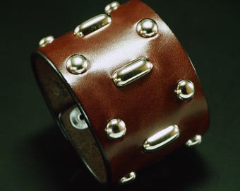 Studded Brown Leather Cuff: Italian Bridle Wristband