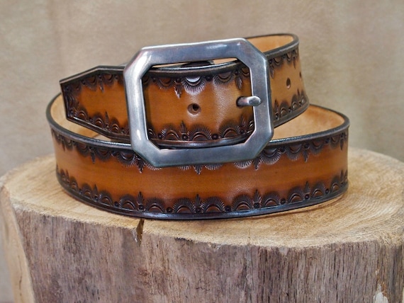 Items similar to Leather Belt Hand Tooled Brown to Tan fade Custom made ...