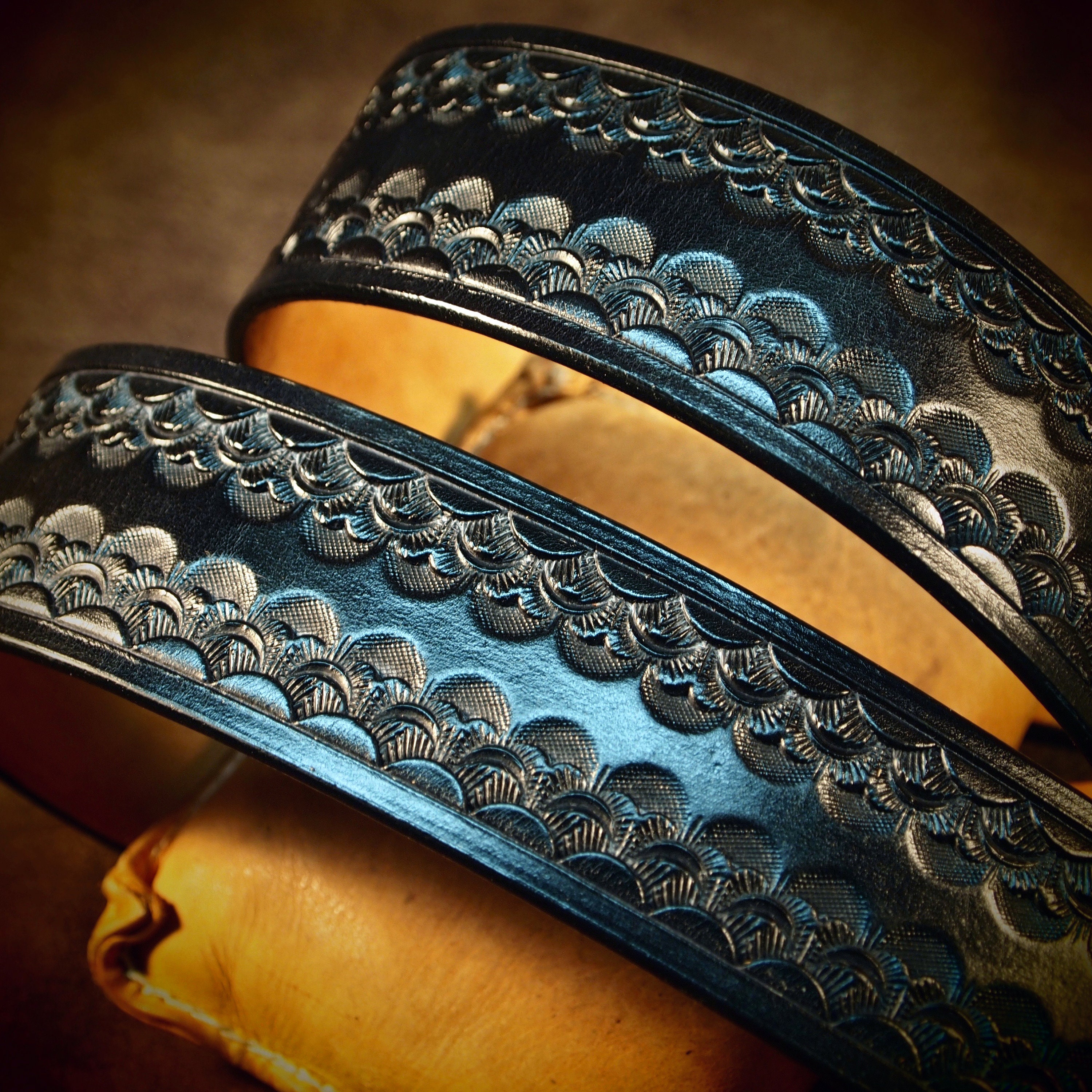 Black Leather Belt Custom Hand Tooling With Unique Stamping Etsy
