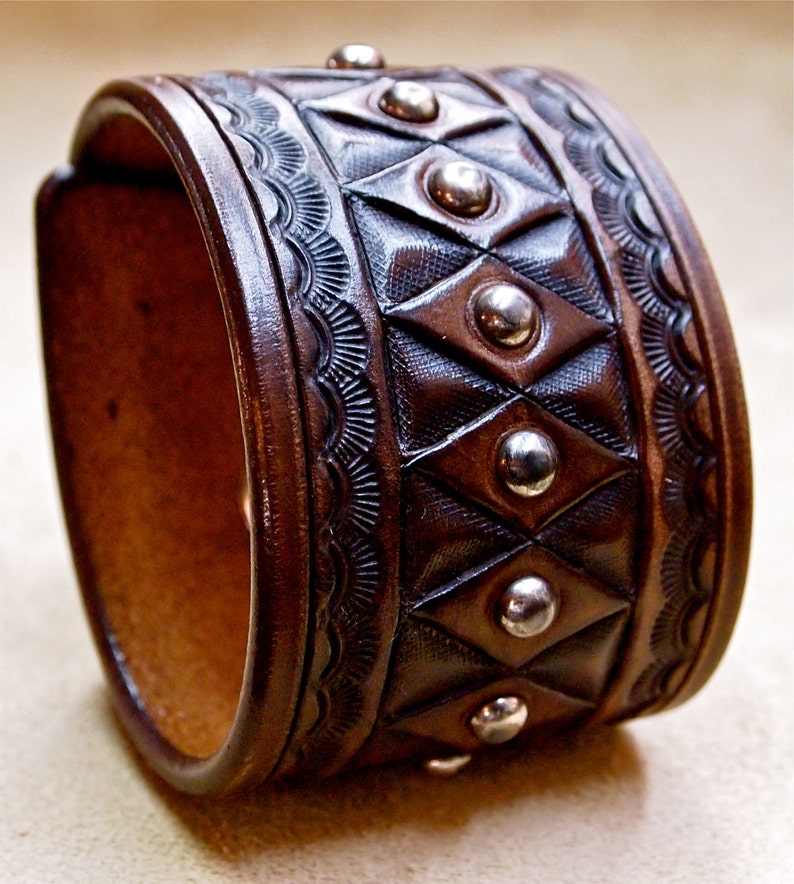 Handcrafted in USA! Vintage style Hand tooled with studs Leather cuff bracelet Brown American Cowboy King