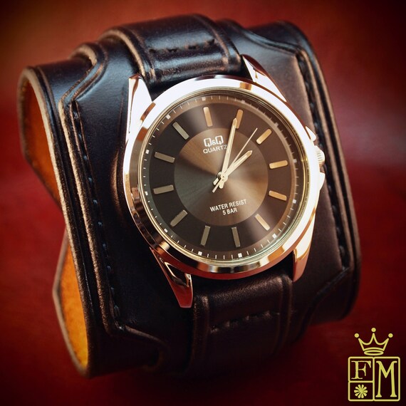 Leather cuff watch Slick Black vintage style 2.5" Wide layered wristband bracelet made in USA for YOU by Freddie Matara!