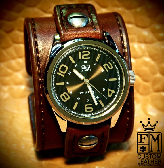 Leather Watch Vintage cuff Chocolate brown bridle leather watchband - handstitched leather watch band Made for YOU in USA by Freddie Matara