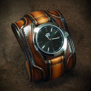 Sunburst Leather cuff watch : Quality FM timepiece Fine craftsmanship / Wide & layered with hand stitched details!