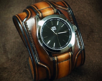 Sunburst Leather cuff watch : Quality FM timepiece Fine craftsmanship / Wide & layered with hand stitched details!