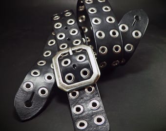 Black Leather Eyelet Guitar strap: Handmade Vegetable Tanned Bridle Leather