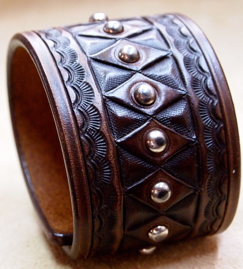Handcrafted in USA! Vintage style Hand tooled with studs Leather cuff bracelet Brown American Cowboy King