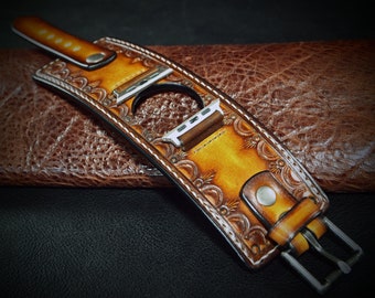 Apple cuff Watchband: Brown Vintage sunburst Hand tooled and Handstitched watch band!