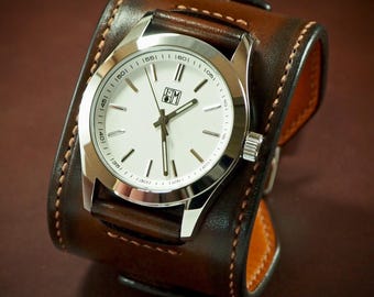 Tobacco Burst Leather Cuff Watch white/silver face: Veg-Tan Vintage Style