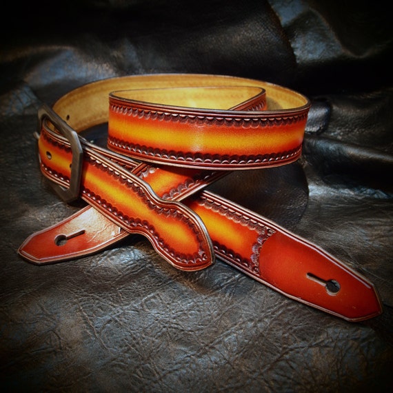 Red Leather guitar strap : Cherry sunburst fade Hand tooled, Hand dyed Custom made for YOU in New York by Freddie Matara