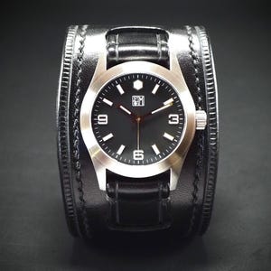 New Black Leather cuff Watch : FM style Black Italian leather Wide wrist watch! Hand made in New York!