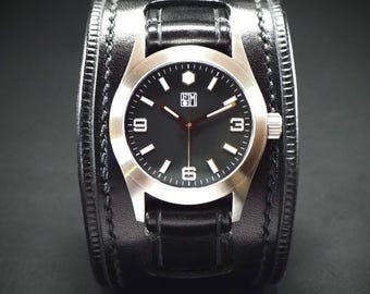 Black Leather Cuff Watch: Handmade Wide Italian Leather Wristband