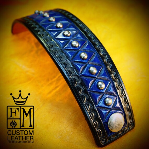 Blue Leather cuff bracelet : American Cowboy King Black and Blue Handcrafted for YOU in USA by Freddie Matara