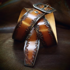 Brown Leather Belt : Hand Tooled Cowboy/western/native Border. Custom ...
