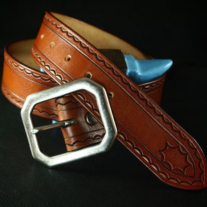 Light brown Leather tooled belt made in New York