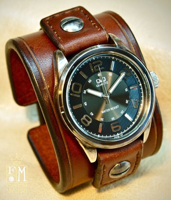 Brown Leather cuff Watch : Vintage Brown bridle leather wristband/watchband. Mens gift ; Made in New York!