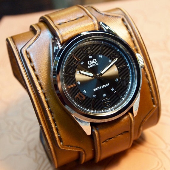 Leather cuff watch Brown leather watchband- Nathan Drake style wide layered Custom made for YOU in USA by Freddie Matara