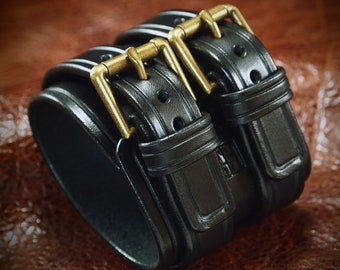 Black and Brass Leather cuff Bracelet : Luxurious Bridle leather Double strap wristband. Made in USA Using Refined techniques!