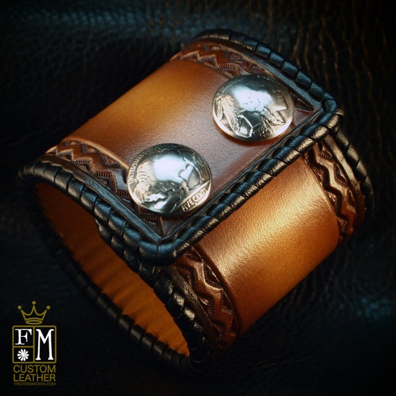 Leather cuff Bracelet Brown sunburst Vintage style laced edge, hand tooled, Buffalo nickels - Quality Made for YOU in USA by Freddie Matara