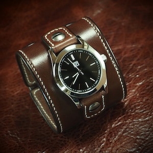 Brown Leather cuff Watch : double buckle Vintage style handstitched bridle leather Old school wrist watch! Hand made in New York!