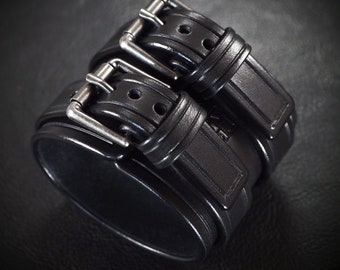 Black Leather cuff Bracelet : Luxurious Bridle leather Vintage Double strap wristband. Made in USA Using Refined techniques!