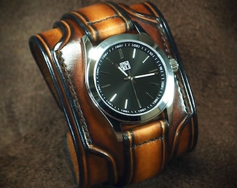 Sunburst Leder Manschetten Uhr: Handgenähtes pflanzlich gegerbtes Leder