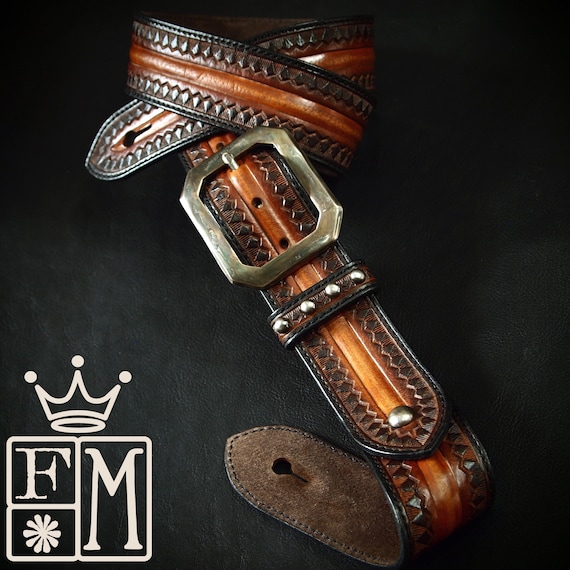 Leather Guitar strap Sunburst Old West Rockstar style Hand tooled, Fine custom Handmade Western style Made for YOU in USA by Freddie Matara