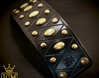 Black Leather cuff Bracelet : Brass studs and hardware. American Bridle leather with Harlequin Diamond pattern!