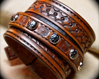 Tan Leather cuff bracelet : Custom hand tooled Suntan brown Made for YOU in USA by Freddie Matara