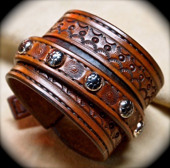 Tan Leather cuff bracelet : Custom hand tooled Suntan brown Made for YOU in USA by Freddie Matara