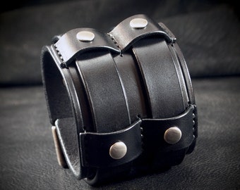 Black Leather cuff Bracelet : Bridle leather wristband Double buckle design. Custom made for you in New York!