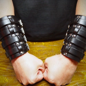 Pair of Black Leather wide Rocker Gauntlets :  Wide Rockstar style. Custom made for YOU in New York