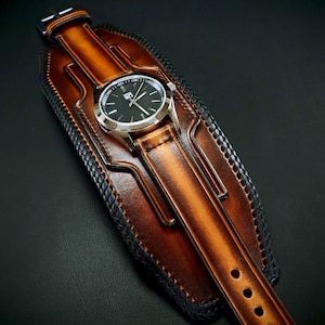 Brown Leather cuff watch : Tobacco sunburst with braided lace edge. Deep rich style!