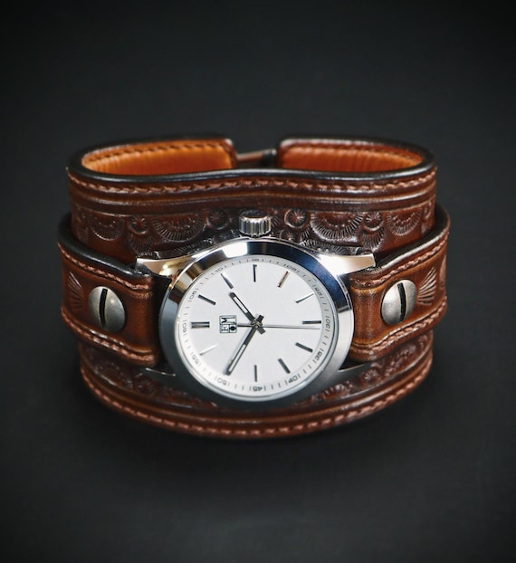 Vintage Western Style Watch Vintage Tooled Leather Cuff Watch: Western Cowboy Style  main image 2