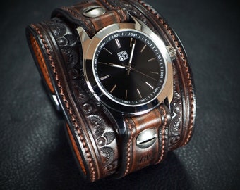 Vintage brown Tooled Leather cuff Watch : Retro western tooled and stamped COWBOY watchband - Finely crafted- Made for YOU in New York!