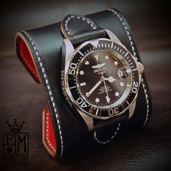 Black Leather cuff watch INVICTA diver watch 2.25" wide Black leather- Red calf lined Custom made for YOU in USA by Freddie Matara