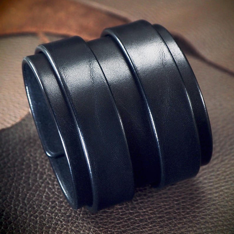 Handmade Black Bridle Leather Cuff Bracelet: Double Strap, Buckle Closure image 1