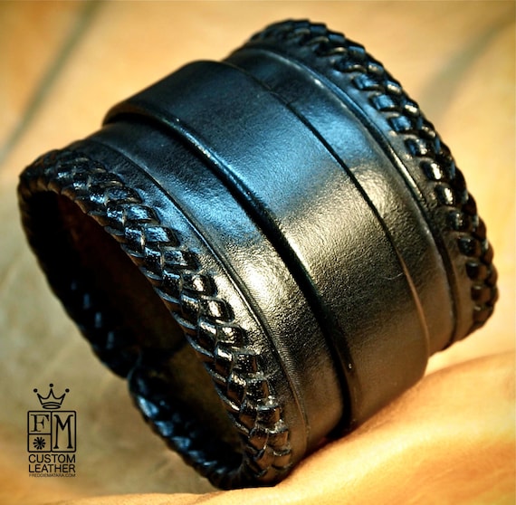 Black Leather Cuff bracelet hand made, braided edge wristband made for YOU in USA by Freddie Matara
