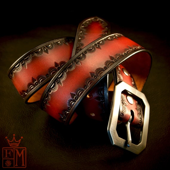 Black cherry Leather Belt : Hand Tooled Cowboy/Western/Native border. Custom made for YOU!