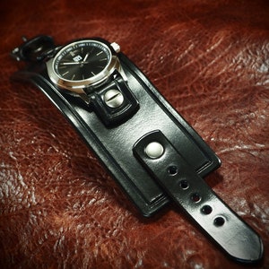Black Leather Cuff Watch: Handmade Bridle Leather Wristwear image 4