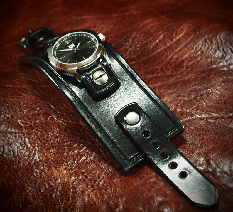 Black Leather Cuff Watch: Handmade Bridle Leather Wristwear image 4