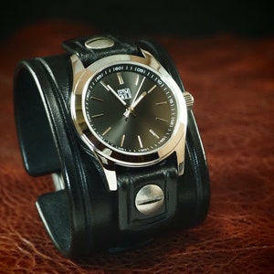 Black Leather Cuff Watch: Handmade Bridle Leather Wristwear image 3
