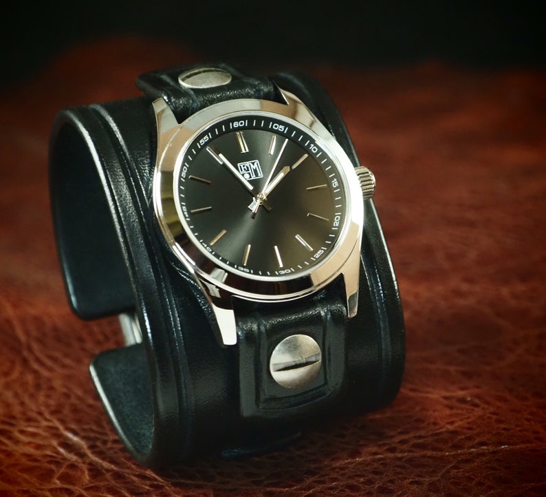 Black Leather Cuff Watch: Handmade Bridle Leather Wristwear image 3
