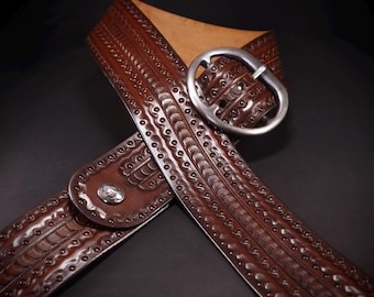 Handmade Walnut 2.5" Cochise Leather Guitar Strap: Tooled & Stamped