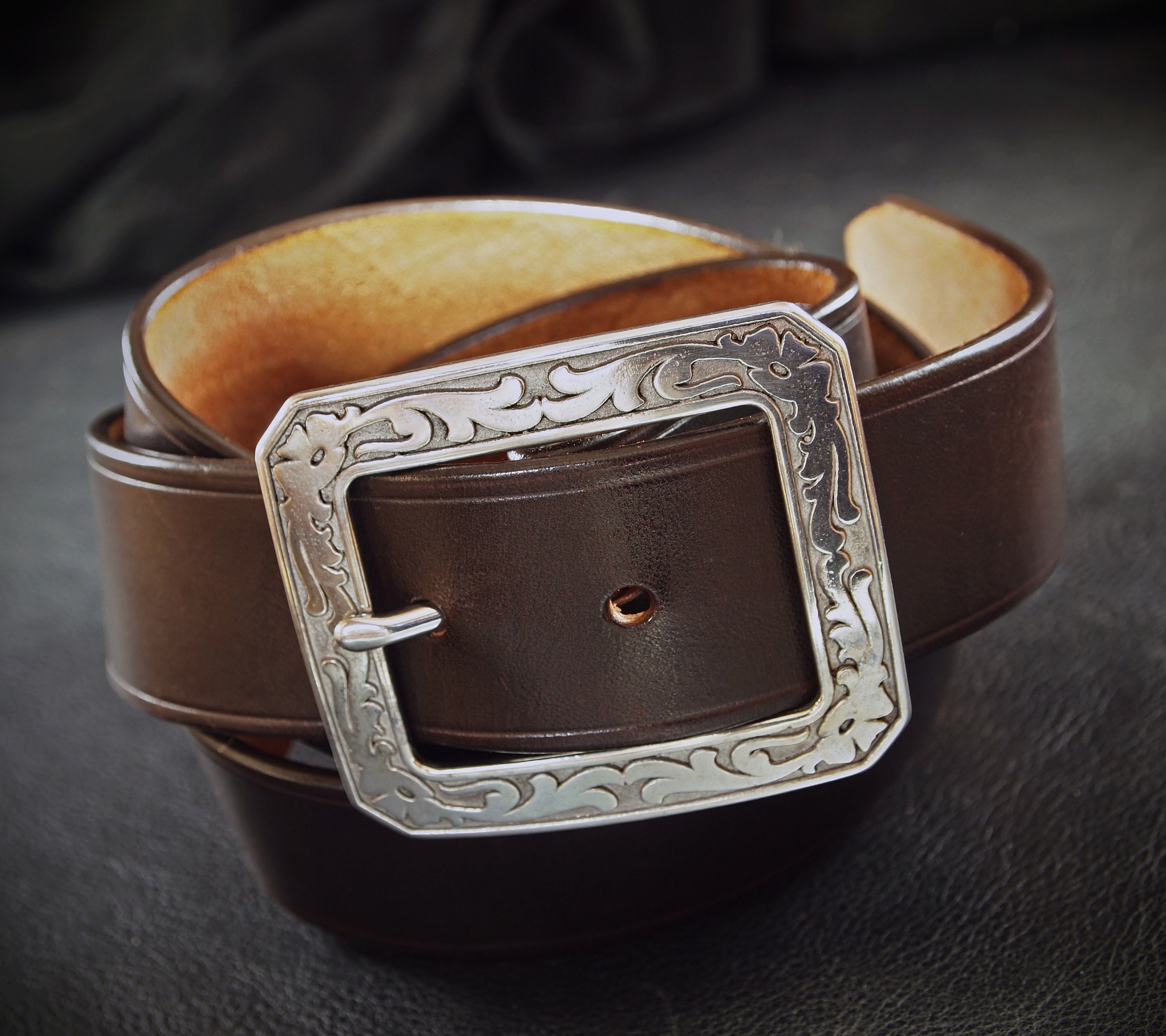 Rich brown Leather belt with Stainless steel buckle: made in New York