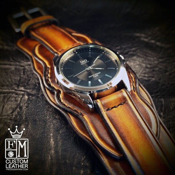 Leather cuff watch western sunburst wide layered Brown watch band cuff Bracelet Handmade for YOU in USA by Freddie Matara