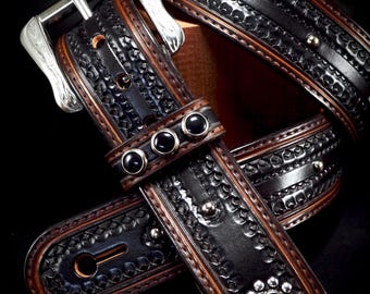 Black Leather Vintage Guitar strap : Hand tooled,  Vintage black and nickel Studs Sophisticated Rockstar Style!  Handmade in New York
